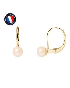 PERLINEA - Boucles d'Oreilles Dormeuses - Véritables Perles de Culture d'Eau Douce Boutons 5-6 mm Rose Naturel - Or Jaune - Bijoux F