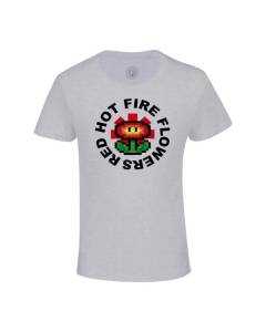 T-shirt Enfant Gris Red Hot Fire Flowers Parodie Pixel Art Jeux Video Retro Gaming 8 Bits Pop