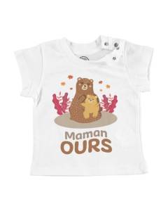 T-shirt Bébé Manche Courte Blanc Maman Ours Dessin Illustration Ourson