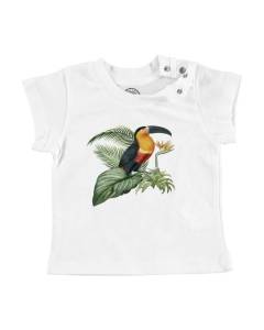 T-shirt Bébé Manche Courte Blanc Ara Oiseau Tropical Exotique Jungle Toucan Perroquet