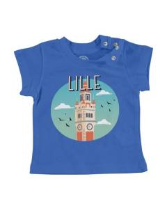 T-shirt Bébé Manche Courte Bleu Lille Le Clocher France Ville Monument Tourisme