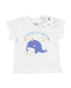 T-shirt Bébé Manche Courte Blanc Licorne des Mers Narval Dessin Illustration Mignon