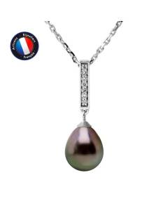 PERLINEA - Collier Perle de Tahiti A+ - Poire 8-9 mm - Barette d'Oxydes de Zirconium - Argent 925 Millièmes - Bijoux Femme