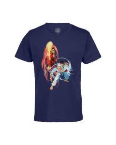 T-shirt Enfant Bleu Ryu et Ken Pesronnages Jeux Video Retro Gaming Combat Arcade