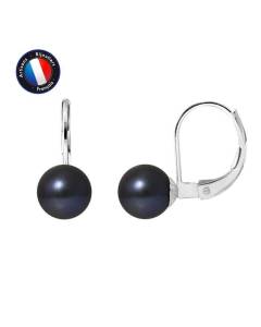PERLINEA - Boucles d'Oreilles Dormeuses - Véritables Perles de Culture d'Eau Douce Noires Rondes 7-8 mm - Or Blanc - Bijoux Femme
