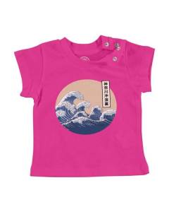 T-shirt Bébé Manche Courte Rose Hokusai Grandes Vagues Japon Asie Culture Mer