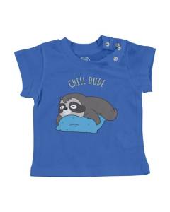 T-shirt Bébé Manche Courte Bleu Chill Dude Paresseux Enfant Sommeil