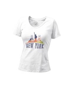 T-shirt Femme Col V New York Skyline Voyage Etats Unis Vacances