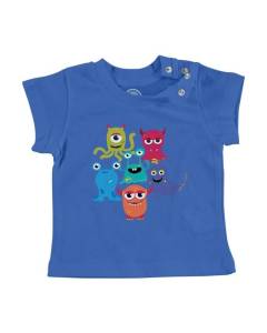 T-shirt Bébé Manche Courte Bleu Monstres Mignons Halloween Peur Horreur