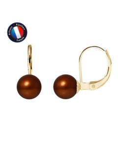 PERLINEA - Boucles d'Oreilles Dormeuses - Véritables Perles de Culture d'Eau Douce Rondes 7-8 mm Chocolat - Or Jaune - Bijoux Femme