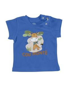 T-shirt Bébé Manche Courte Bleu Girafe Cou Monté Humour Dessin Illustration