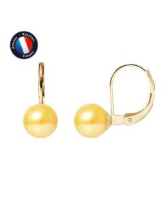 PERLINEA - Boucles d'Oreilles Dormeuses - Véritables Perles de Culture d'Eau Douce Rondes 7-8 mm Gold - Bijoux Femme