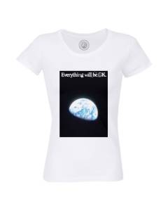 T-shirt Femme Col Rond Coton Bio Blanc Everything Will Be OK. Ecologie Planete Terre Collage Vintage Illustration Art Humour