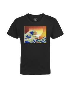 T-shirt Enfant Noir Meme Surfing Houkusai Waves Collage Vintage Illustration Art Humour Parodie Meme Blague Zoomer