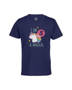 T-shirt Enfant Bleu I am 5 and Magic Anniversaire Celebration Cadeau Anglais Licorne Fantaisie