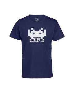 T-shirt Enfant Bleu Stop Invading My Space Parodie Jeux Video Retro Gaming Arcade