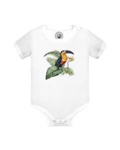 Body Bébé Manche Courte Blanc Ara Oiseau Tropical Exotique Jungle Toucan Perroquet