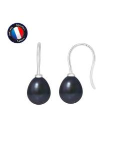 PERLINEA - Boucles d'oreilles Crochets - Véritables Perles de Culture d'Eau Douce Noires 7-8 mm - Or Blanc - Bijoux Femme
