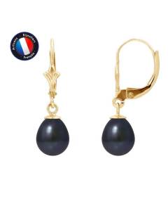PERLINEA - Boucles d'Oreilles Dormeuses - Véritables Perles de Culture d'Eau Douce Noires Noires Poires 7-8 mm - Or Jaune - Bijoux F