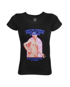 T-shirt Femme Col Rond Coton Bio Noir Talk Louder Thong Collage Vintage Illustration Art Humour Parodie Meme