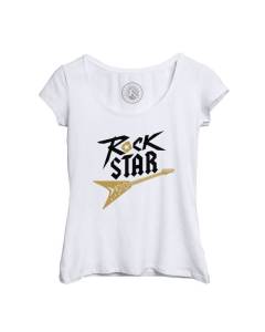 T-shirt Femme Col Echancré Blanc Rock Star Guitare Musique Musicien Instrument