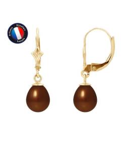PERLINEA - Boucles d'Oreilles Dormeuses - Véritables Perles de Culture d'Eau Douce Poires 7-8 mm Chocolat - Or Jaune - Bijoux Femme
