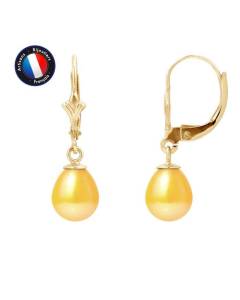 PERLINEA - Boucles d'Oreilles Dormeuses - Véritables Perles de Culture d'Eau Douce Poires 7-8 mm Gold - Bijoux Femme - Or Jaune