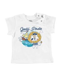 T-shirt Bébé Manche Courte Blanc Lion Gentil Pirate Dessin Illustration Capitaine