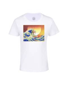 T-shirt Enfant Blanc Meme Surfing Houkusai Waves Collage Vintage Illustration Art Humour Parodie Meme Blague Zoomer