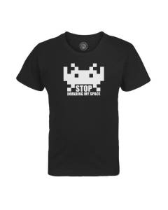 T-shirt Enfant Noir Stop Invading My Space Parodie Jeux Video Retro Gaming Arcade