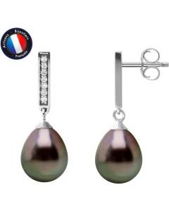 PERLINEA - Boucles d'Oreilles - Véritables Perles de Culture de Tahiti - Poires 8-9 mm - Argent 925 Millièmes - Bijoux Femme