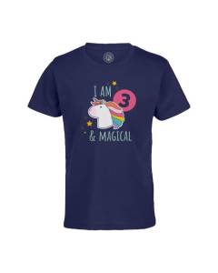 T-shirt Enfant Bleu I am 3 and Magical Anniversaire Celebration Cadeau Anglais Licorne Fantaisie