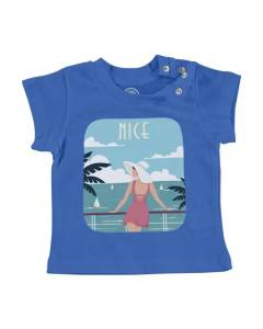T-shirt Bébé Manche Courte Bleu Nice Promenade des Anglais Mer Soleil Voyage