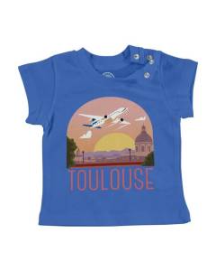 T-shirt Bébé Manche Courte Bleu Toulouse Paysage Avion Ville France Voyage