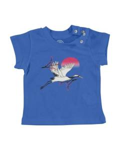 T-shirt Bébé Manche Courte Bleu Grue du Japon Oiseau Asie Faune Sakura