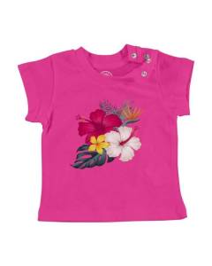 T-shirt Bébé Manche Courte Rose Hibiscus Fleurs Tropicales Exotique Jungle