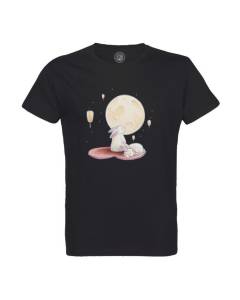 T-shirt Homme Col Rond Coton Bio Noir Lapin sous la Lune Illustration Fait Main Style Aquarelle Mignon