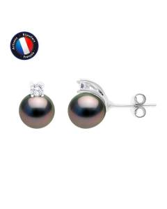 PERLINEA - Boucles d'Oreilles - Véritables Perles de Culture de Tahiti - Semi Rondes 8-9 mm - Argent 925 Millièmes - Bijoux Femme