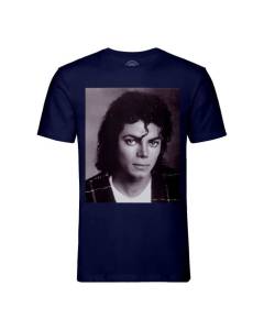 T-shirt Homme Col Rond Bleu Michael Jackson Portrait Noir et Blanc Chanteur Pop Star Celebrite