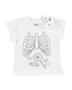 T-shirt Bébé Manche Courte Blanc Halloween Radiographie Bonbon Squelette Peur Horreur