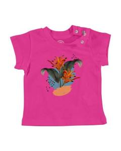 T-shirt Bébé Manche Courte Rose Heliconia Plante Tropicale Exotique Jungle