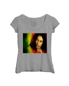 T-shirt Femme Col Echancré Gris Bob Marley Legende Reggae Musique Jamaique Rastafari
