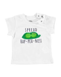 T-shirt Bébé Manche Courte Blanc Spread Hap-pea-ness Jeux de Mots Anglais Nourriture Légume