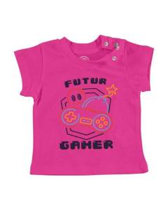 T-shirt Bébé Manche Courte Rose Futur Gamer Jeux Vidéo Culture Geek