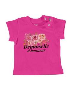 T-shirt Bébé Manche Courte Rose Demoiselle d'Honneur Mariage Mariée Bouquet Aquarelle