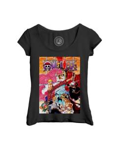 T-shirt Femme Col Echancré Noir One Piece Arc Dressrosa Dolflamingo Manga Luffy Pirates