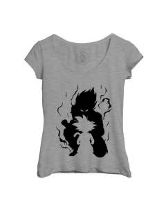 T-shirt Femme Col Echancré Gris Dragon Ball Son Goku Adulte Enfant Noir et Blanc Anime Manga Japon