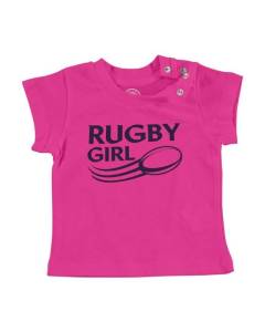 T-shirt Bébé Manche Courte Rose Rugby Girl Sport Equipe Stade Ballon XV