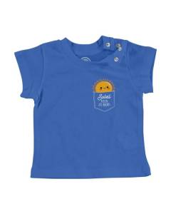 T-shirt Bébé Manche Courte Bleu Soleil plein les Poches Illustration Dessin Soleil Mignon