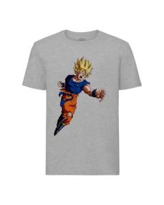 T-shirt Homme Col Rond Gris Dragon Ball Super Son Goku Super Saiyan Attaque Cheveux Blonds Anime Manga Japon